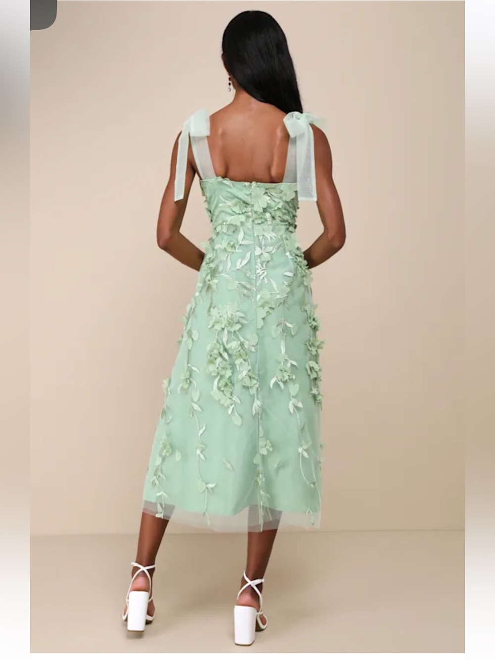 NWT Lulus Effortlessly Sweet Sage Tulle 3D Floral Tie-Strap Midi Dress - Picture 3 of 4